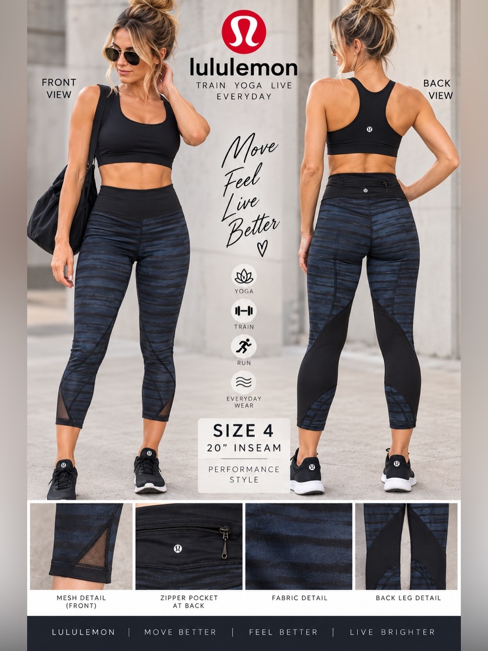 Lululemon Size 4 Black Blue Stripe Mesh Panel Cropped Leggings 20” Inseam